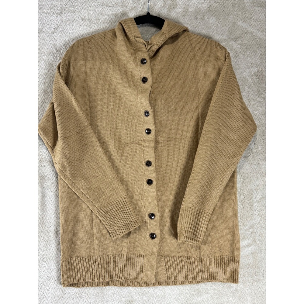 Camel Brown Button Front Hooded Cardigan Sweater Acrylic Knit Small